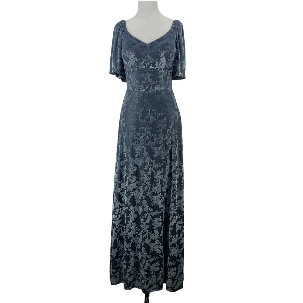 Baltic Born Size Medium Maxi Dress Blue Burnout Velvet Floral Flutter Sleeve